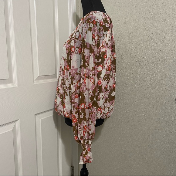 Multicolor Flower Top with Long Statement Sleeves Large Pink Brown Red - Picture 6 of 12